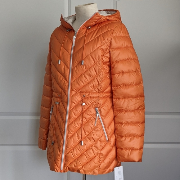 French Connection Jacket Hood Lightweight Chevron Quilted Packable Orange S NWT - Picture 11 of 16
